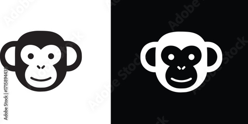 Stylized Monkey Head Icons in Black and White, Perfect for Branding and Graphic Design Projects