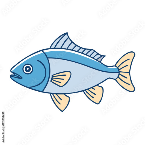 Cartoon style blue fish with yellow fins and tail on white background
