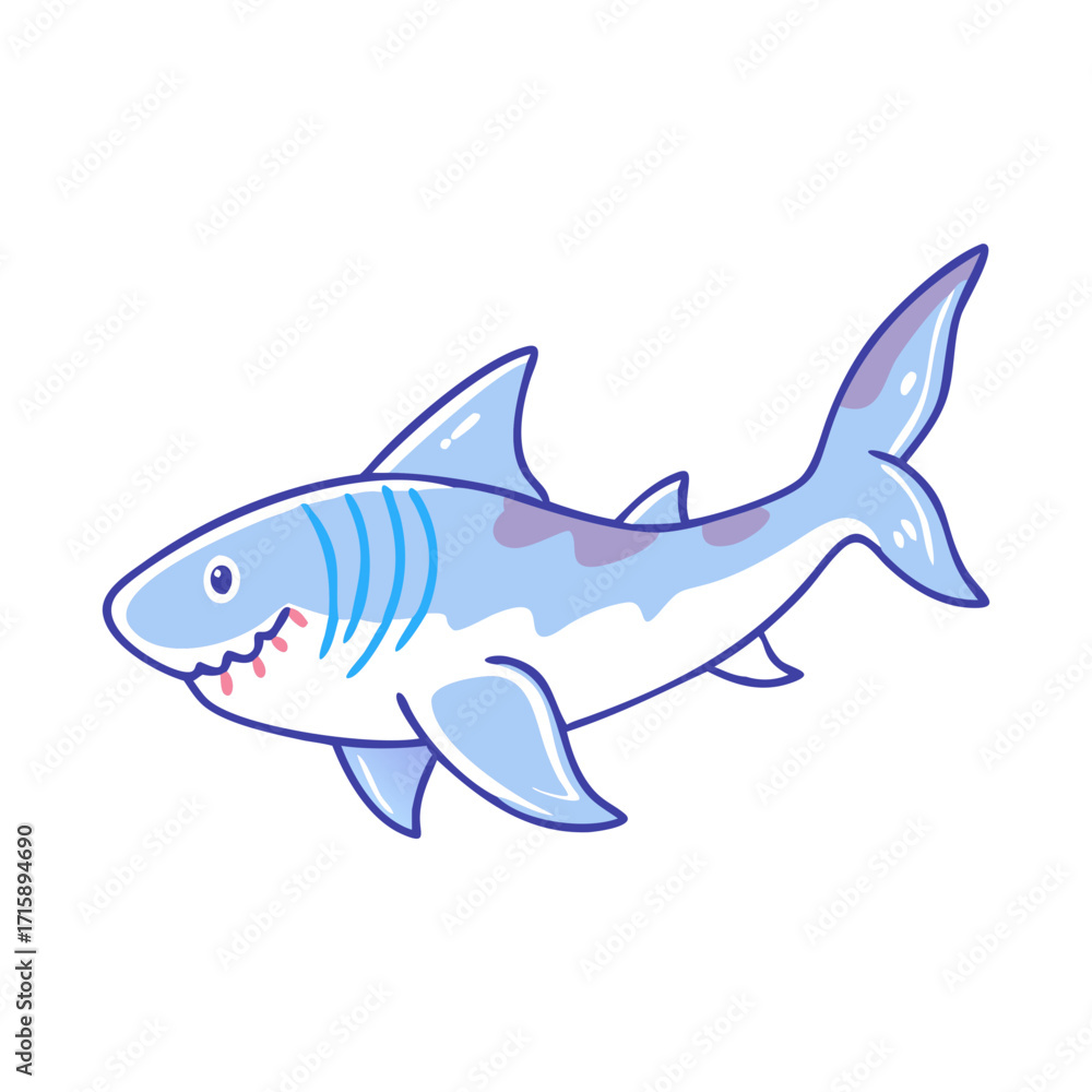 Fototapeta premium Cute cartoon shark swimming in the ocean, illustration with friendly features