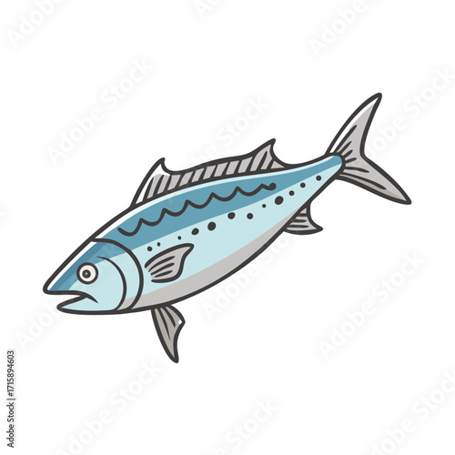 Stylized illustration of a mackerel or similar fish in blue and grey