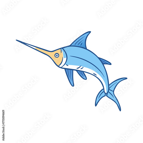 Cartoon Illustration of a Graceful Blue Swordfish Against a White Background