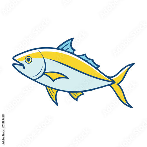 Illustrated yellowfin tuna swimming gracefully in the ocean, colorful and vibrant