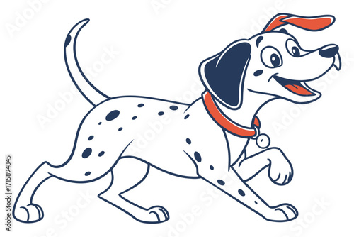Playful Dalmatian Dog Running with Spotted Coat, Red Collar on White Background