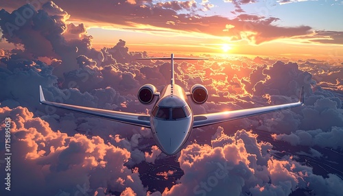 A luxurious jet soars through a vibrant sunset sky, highlighted by the soft hues of the golden hour.