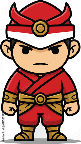 Cute Chibi Style Indonesian Warrior Character with Traditional Red and Gold Outfit
