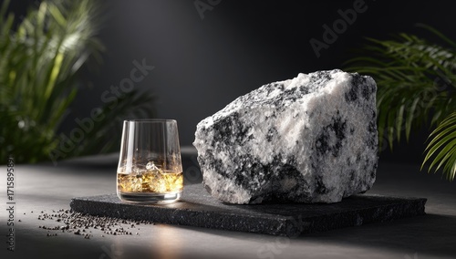 Whisky glass with ice, beside a large rock on a dark stone surface, tropical plants in background