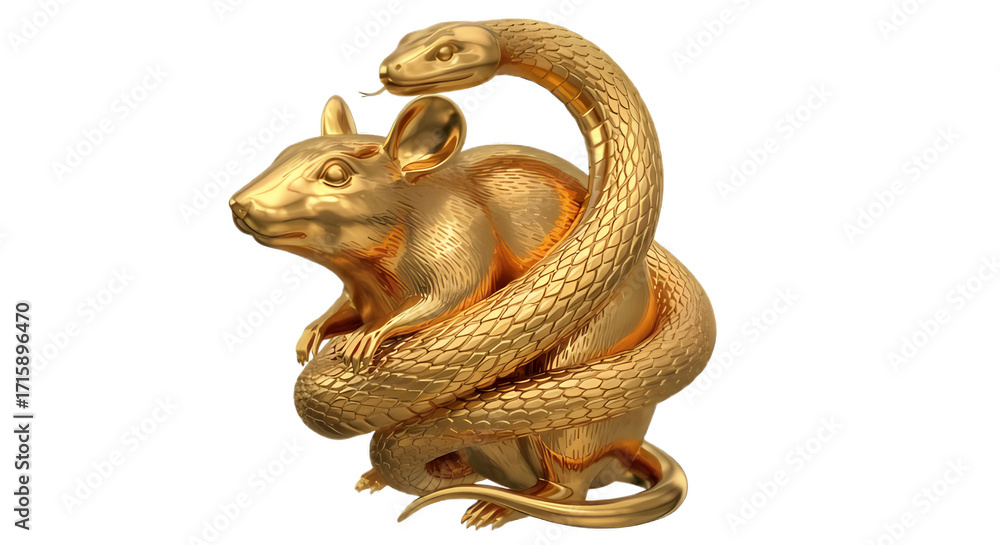 Fototapeta premium Golden sculpture of a rat and snake intertwined in a unique pose.