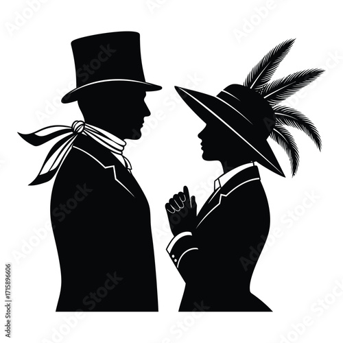 Elegant silhouette of a victorian couple in period attire with top hat and feathered hat silhouette