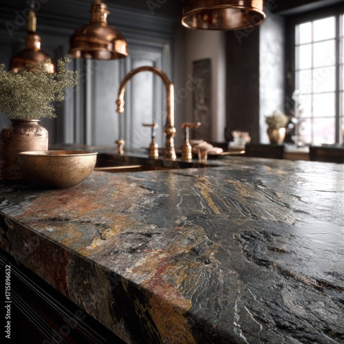 Elegant Kitchen Counter with Dark Stone Surface and Copper Accents
