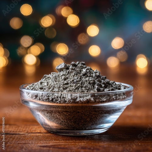Gray powder in a clear bowl, bokeh lights