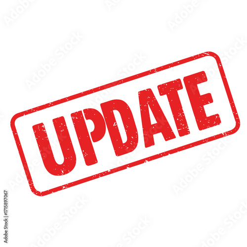 A red stamp displaying the word update on a white background