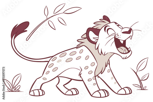 Roaring Cartoon Lion Cub with Spots, Tail Upright, Adorable Expression, Art