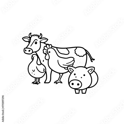 Line art illustration of a cow, chicken, pig, and duck grouped together, creating a farm animal scene.