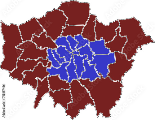 A vector map of London with the Inner and Outer Boroughs clearly delineated and filled with different colors. This graphic is ideal for geographical analysis, urban planning, and presentations