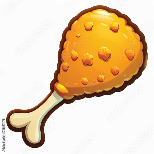 A glossy, cartoon-style illustration of a golden fried chicken drumstick with a crispy coating.