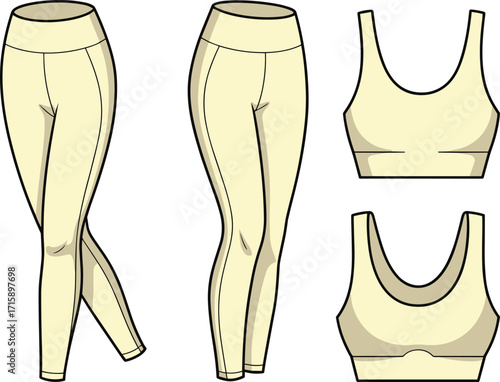 Women activewear leggings and sports bra set, fitness apparel design, workout clothing fashion, cad drawing flat vector illustration