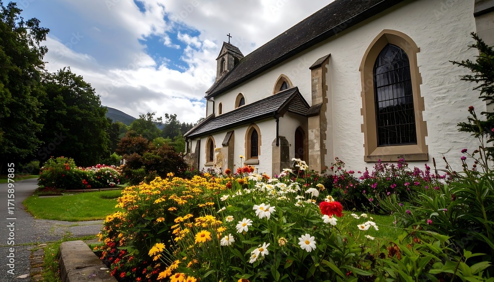 Fototapeta premium Church with colorful flowerbeds