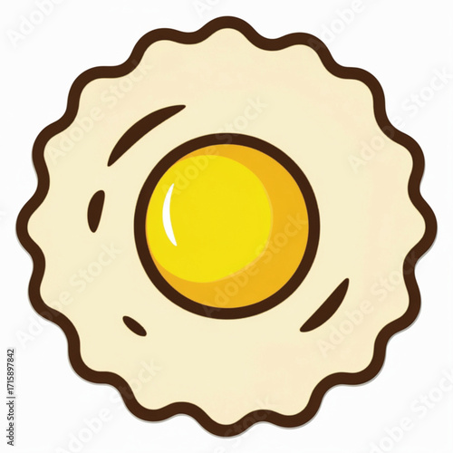 Fried egg, sunny-side up, cartoon style illustration, with a round yolk.