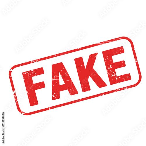 A red stamp displaying the word fake on a white background