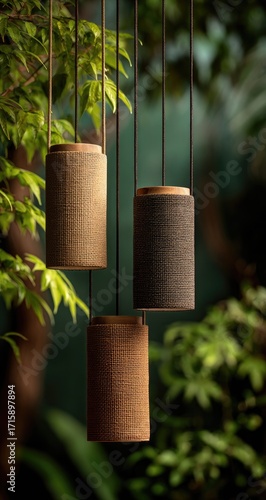 Three cylindrical pendant lamps, crafted from woven fibers in earthy tones, hang from dark cords amidst lush green foliage
