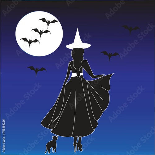 “Elegant Witch in Long Dress with Bats Flying Across Full Moon”