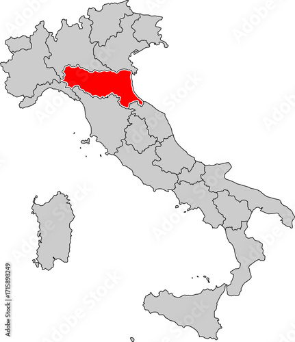 A vector map of Italy highlighting the region of Emilia-Romagna. Ideal for geographical studies, regional reports, and data visualization projects.

