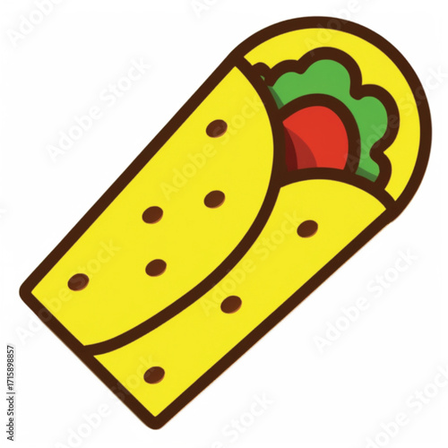 A simple cartoon illustration of a yellow burrito or wrap with green lettuce and red tomato filling, depicted on a white background.