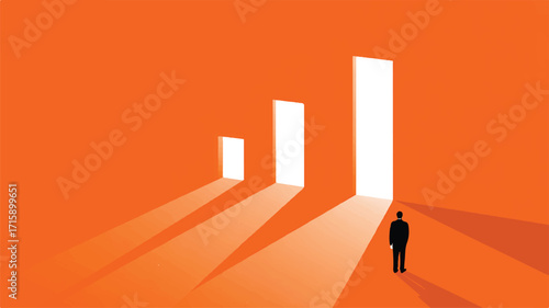 Vector art of man standing before three open doors of increasing size