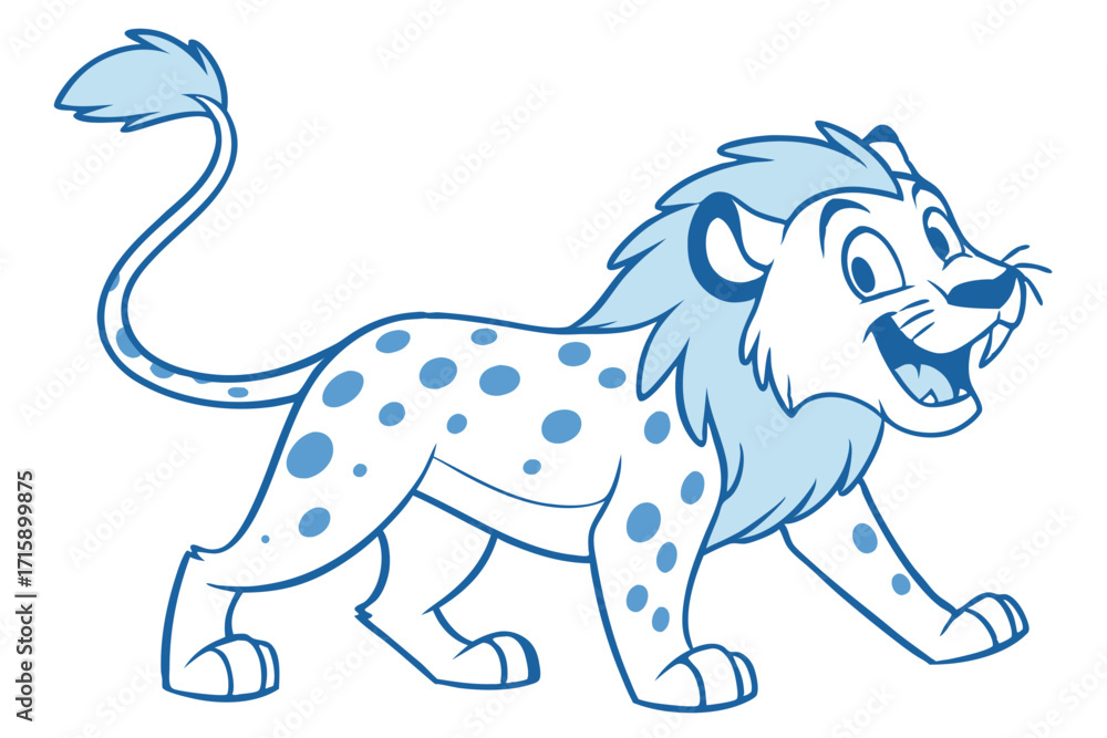 Fototapeta premium Smiling Cartoon Lion with Blue Spots and Mane on White Background