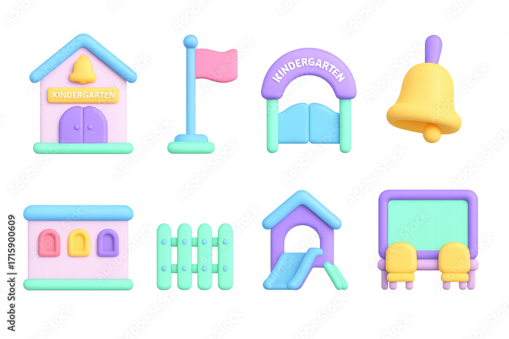 Fototapeta premium Colorful kindergarten icons set with 3d pastel elements for playful education designs