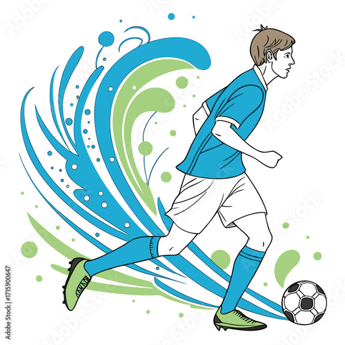 Creative vector of soccer player running with football and colorful splash effect. Sports themed illustration for competition, training, tournament, and athletic design use.