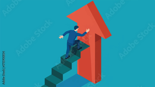 Vector art of businessman climbing stairs on a red arrow indicating growth