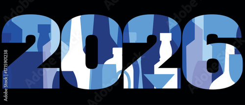 New Year's Eve party, New Year 2026, minimalist poster, flat design, wine bottles, glasses, alcohol selection. Year numbers, drinking, celebration, wine bar, lots of booze, red wine, cabernet, martini