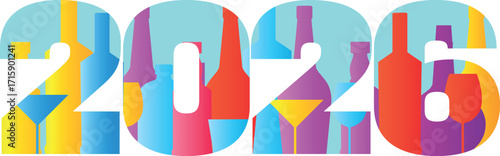 New Year's 2026, holiday party, alcohol set, glasses, drinks, bottles of wine, whiskey, liqueur. Bar poster, restaurant, alcohol menu, red wine, martini, brandy, chardonnay, cabernet, drinks