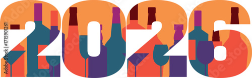 New Year 2026, festive party, festival concept, set of alcohol bottles, glasses, champagne, whiskey. Vector graphics, flat style, restaurant, bar design, strong alcohol, brandy, red wine, martini