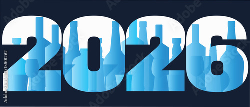 New Year's Eve party, alcohol set, different bottles, glasses, 2026 inscription. Celebration, lots of drinking, drunkenness, cocktail, champagne, red wine, brandy, festive event, vector flat design