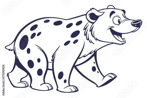 Spotted Cartoon Hyena Walking on White Background Outline Style Art