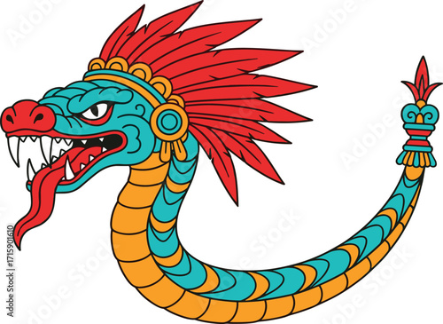 Aztec feathered serpent, Quetzalcoatl dragon illustration, colorful mythological creature design, ancient tribal tattoo art, Mexican mythology symbol, decorative fantasy serpent drawing