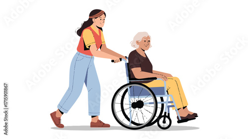 Vector art of young woman pushing elderly woman in wheelchair