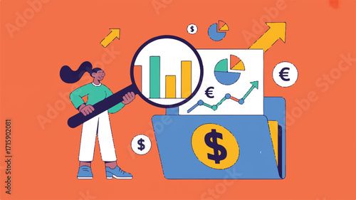Illustration of financial analysis with charts and magnifying glass