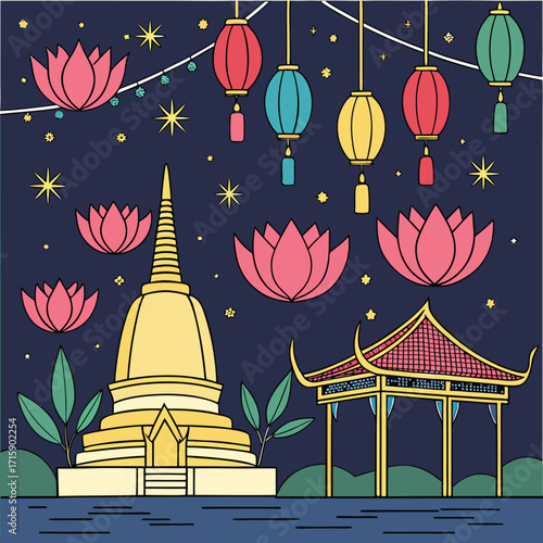 Colorful temple scene with lanterns, lotus flowers, and shining stars. Perfect for Asian culture, festival, Buddhism, meditation, spirituality, and travel themes.