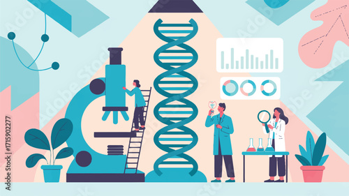 Vector art of scientists conducting research with dna and microscope