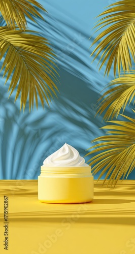 Yellow cosmetic jar with whipped cream topping, tropical foliage backdrop