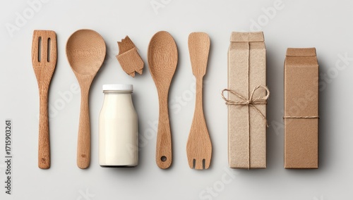 Flat lay of wooden kitchen utensils, a milk bottle, and kraft paper packaging