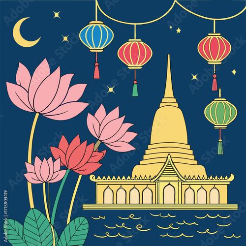 Golden temple with lotus flowers, hanging lanterns, crescent moon, and stars in the night sky. Perfect for cultural, festival, and traditional Asian design themes.