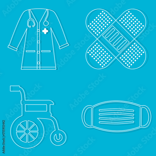 Medical icon set isolated on blue background. Simple flat design collection including doctor coat, band aid, wheelchair, and face mask. Modern healthcare symbols for hospital, clinic, pharmacy.