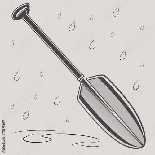 A stylized illustration of a garden shovel with raindrops falling around it and puddles on the ground