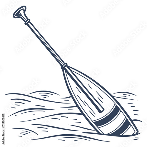 A single paddle dipping into stylized blue water waves hand drawn illustration