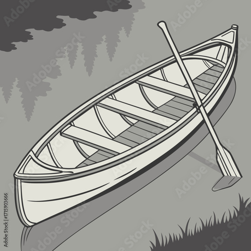 A vintage style illustration of an empty canoe with a paddle resting inside on a calm lake