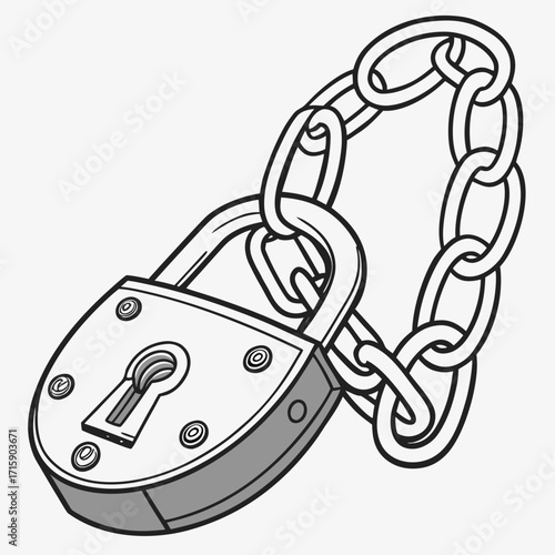 A vintage style padlock with a thick metal chain secured around its body isolated on white